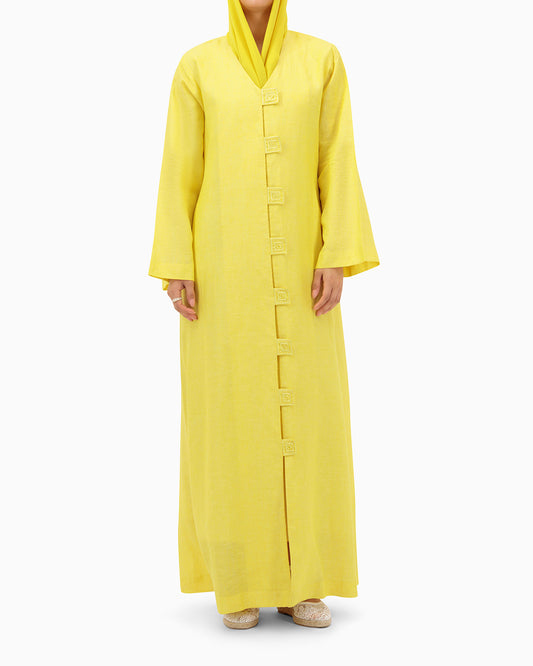 Model wears Yellow Linen Abaya