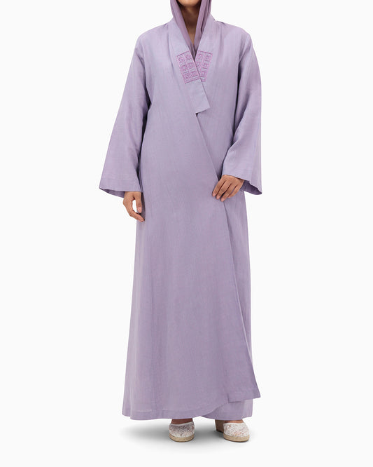 Model wears Purple Linen Abaya