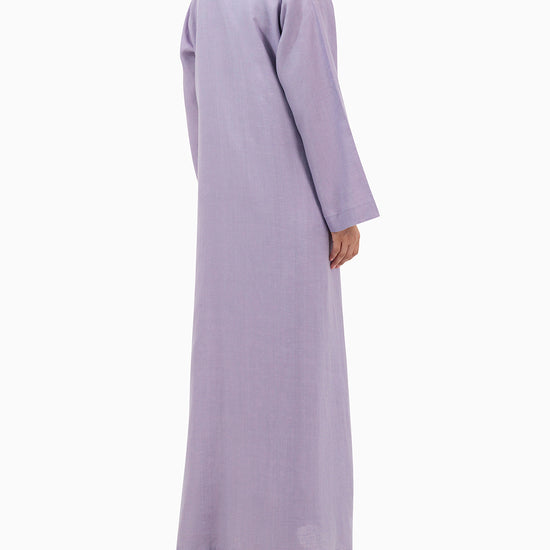 Model wears Purple Linen Abaya